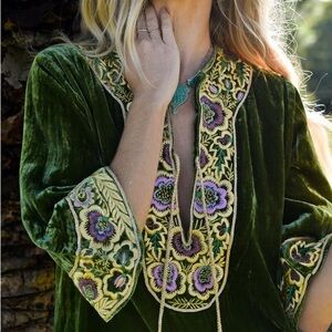 Silk Velvet Tunic Dress rich mossy green velvet with lavender & gold embroidery